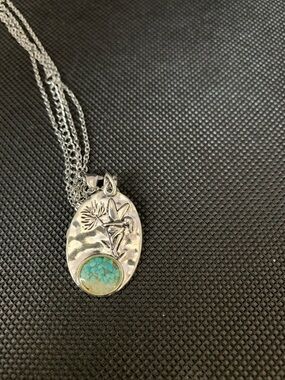 Silver Floral Oval Pendant Necklace Fairy and dandelions atop Turquoise Stone